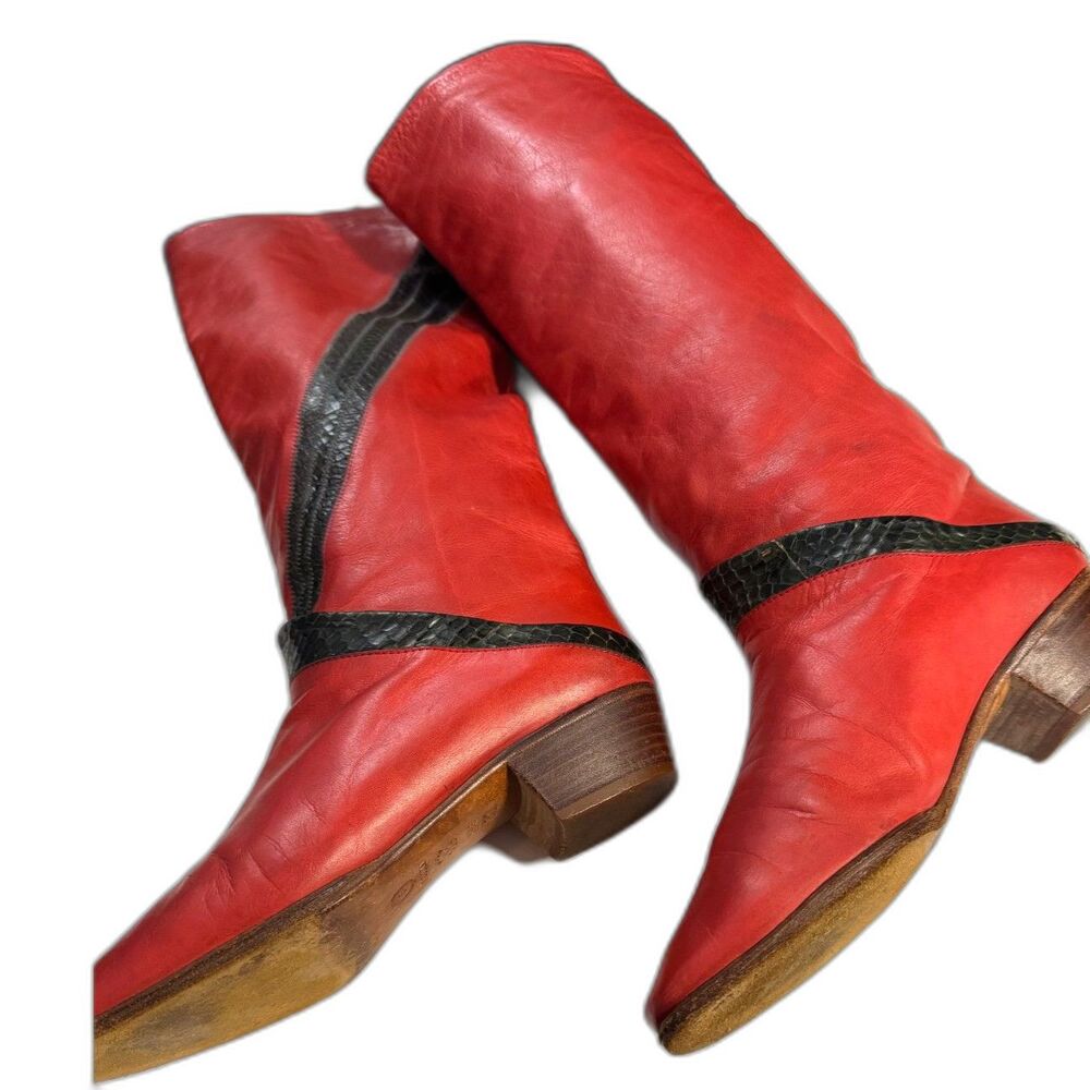 Vintage Pollini Red Leather Python Trim Knee High Boots Made Italy EU 37 6 1/2-7 - Picture 10 of 12